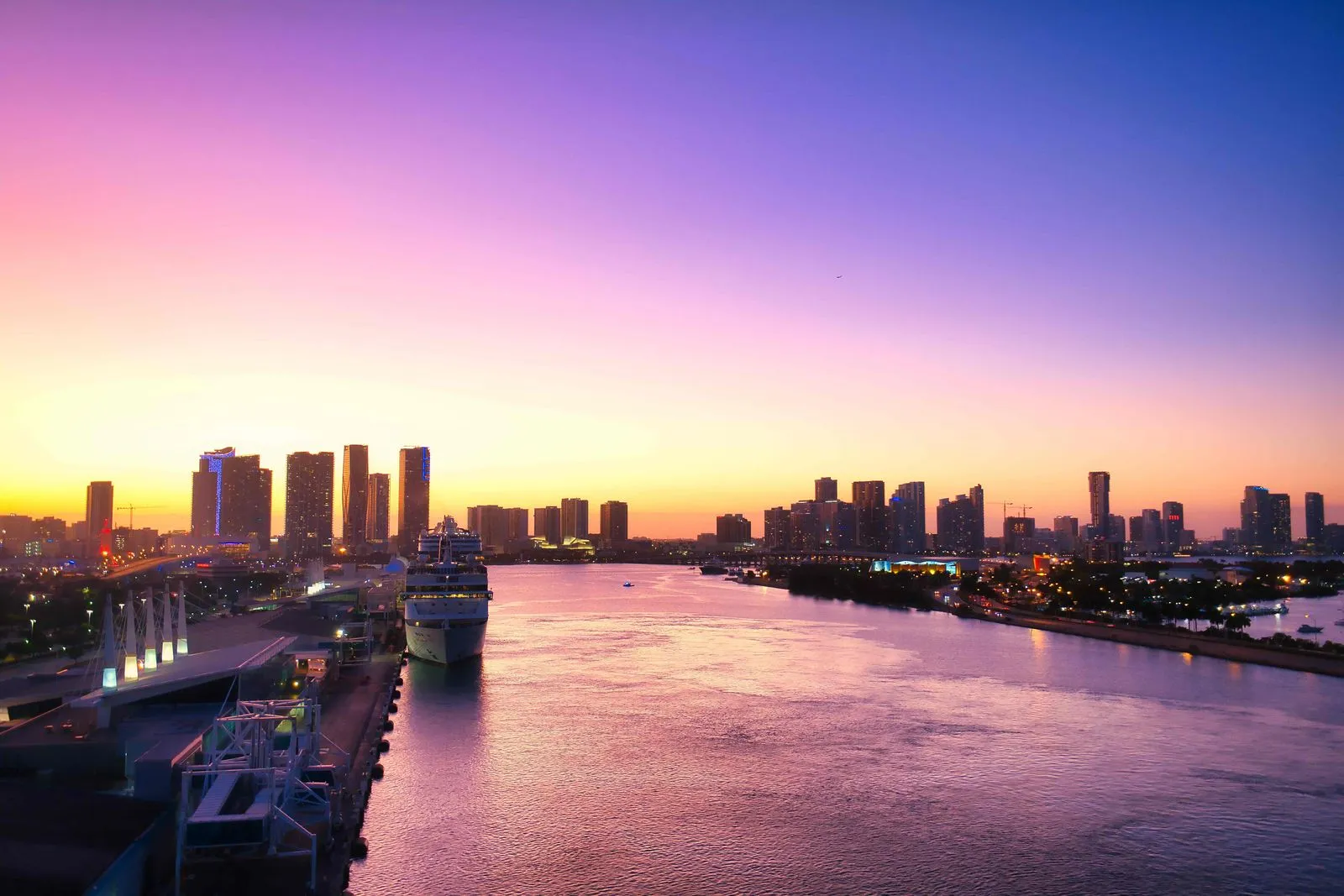 Miami skyline and port glowing at sunset