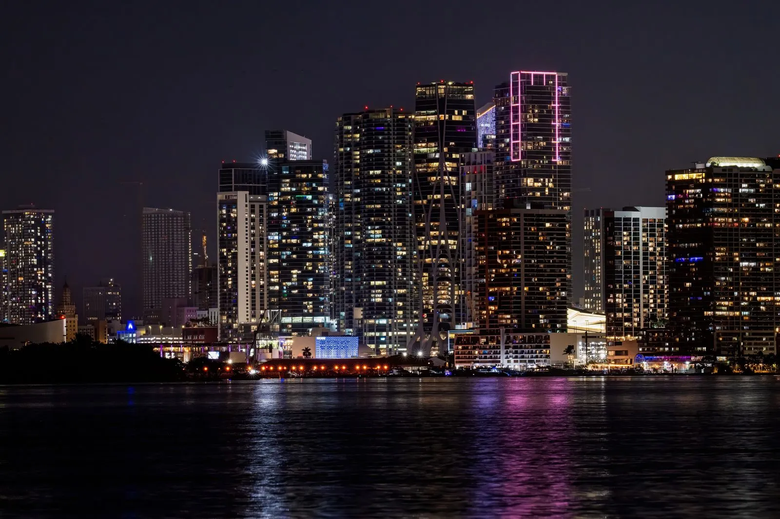 Downtown Miami skyline lit up at night